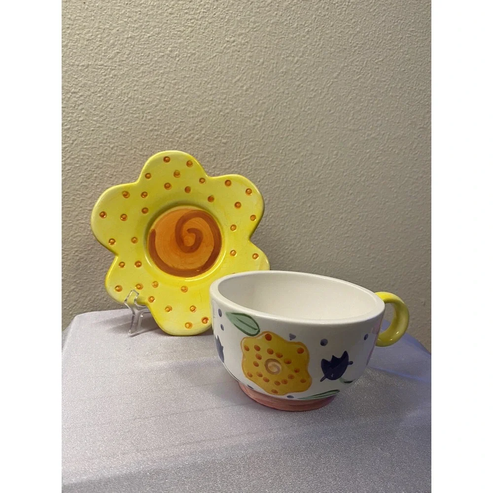 Betallic Ceramic Coffe Cup & Saucer flower Shape plate large cup Pre- owned